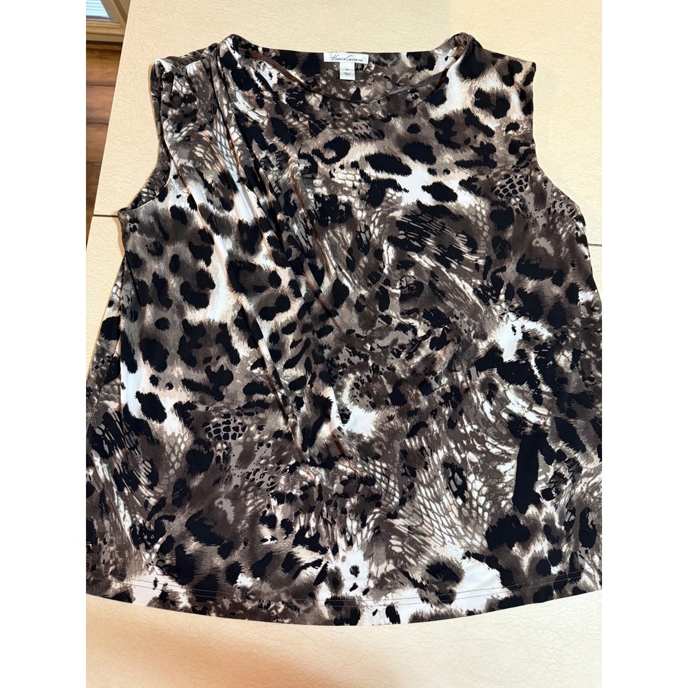 Kenneth Cole New York Womens 2X Animal Print Sleeveless Draped Blouse Brown